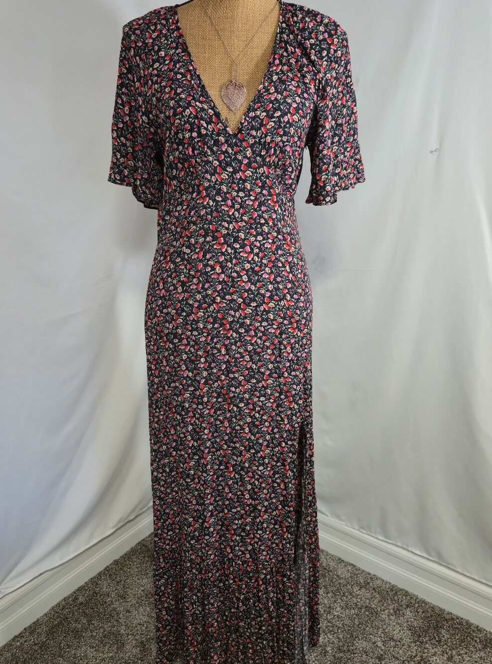 Love Stitch Black Floral V-Neck Maxi Dress with Pink and Red Blossoms